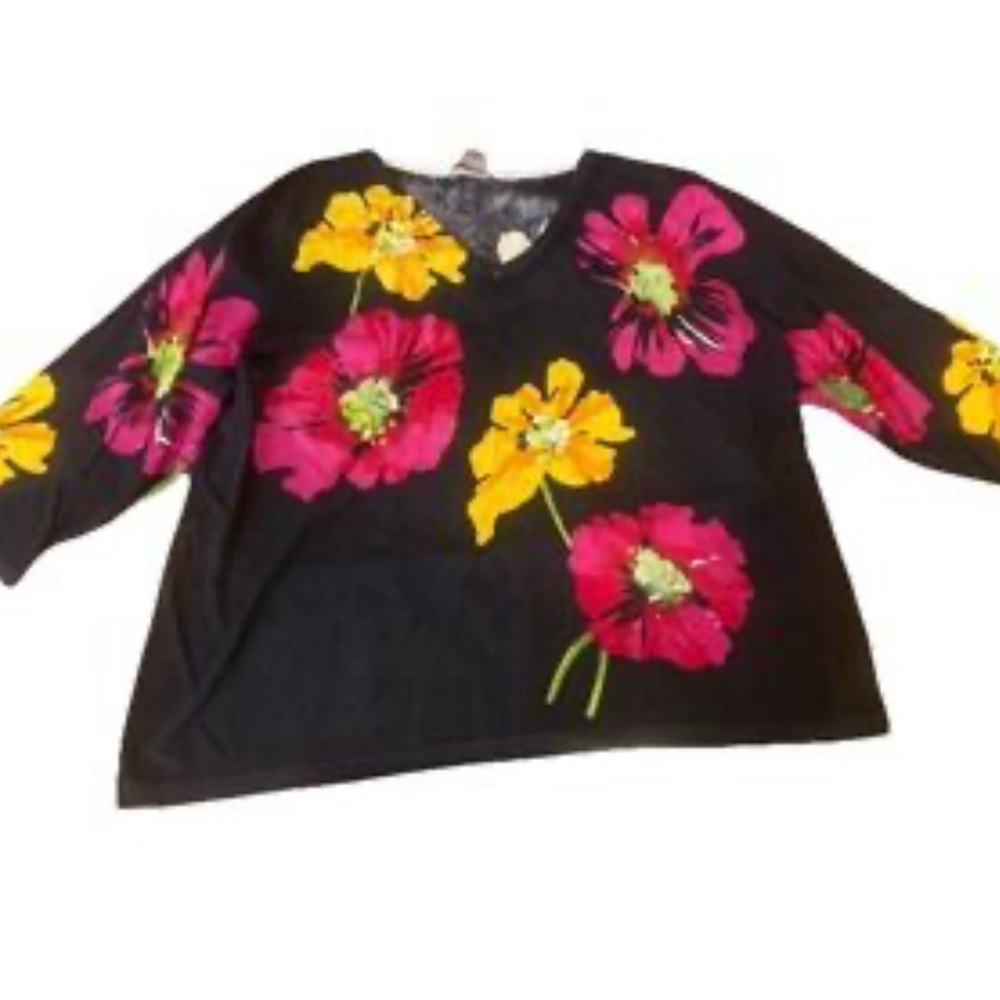Peter Nygard Black V-Neck Sweater with Pink and Yellow Floral Design